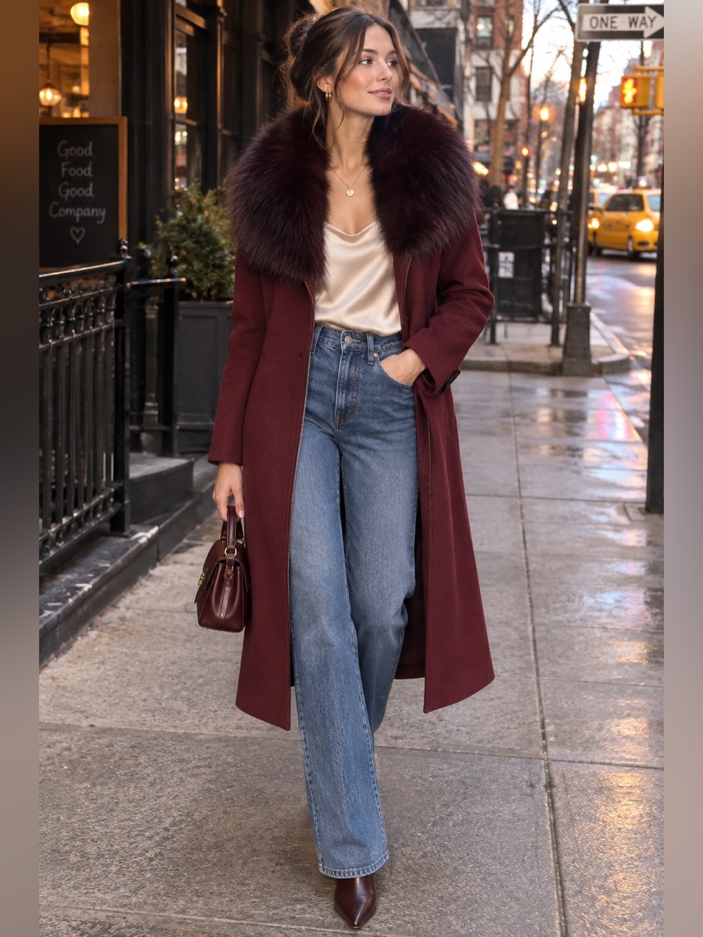 Wool Blend Long Coat w Faux Fur Collar